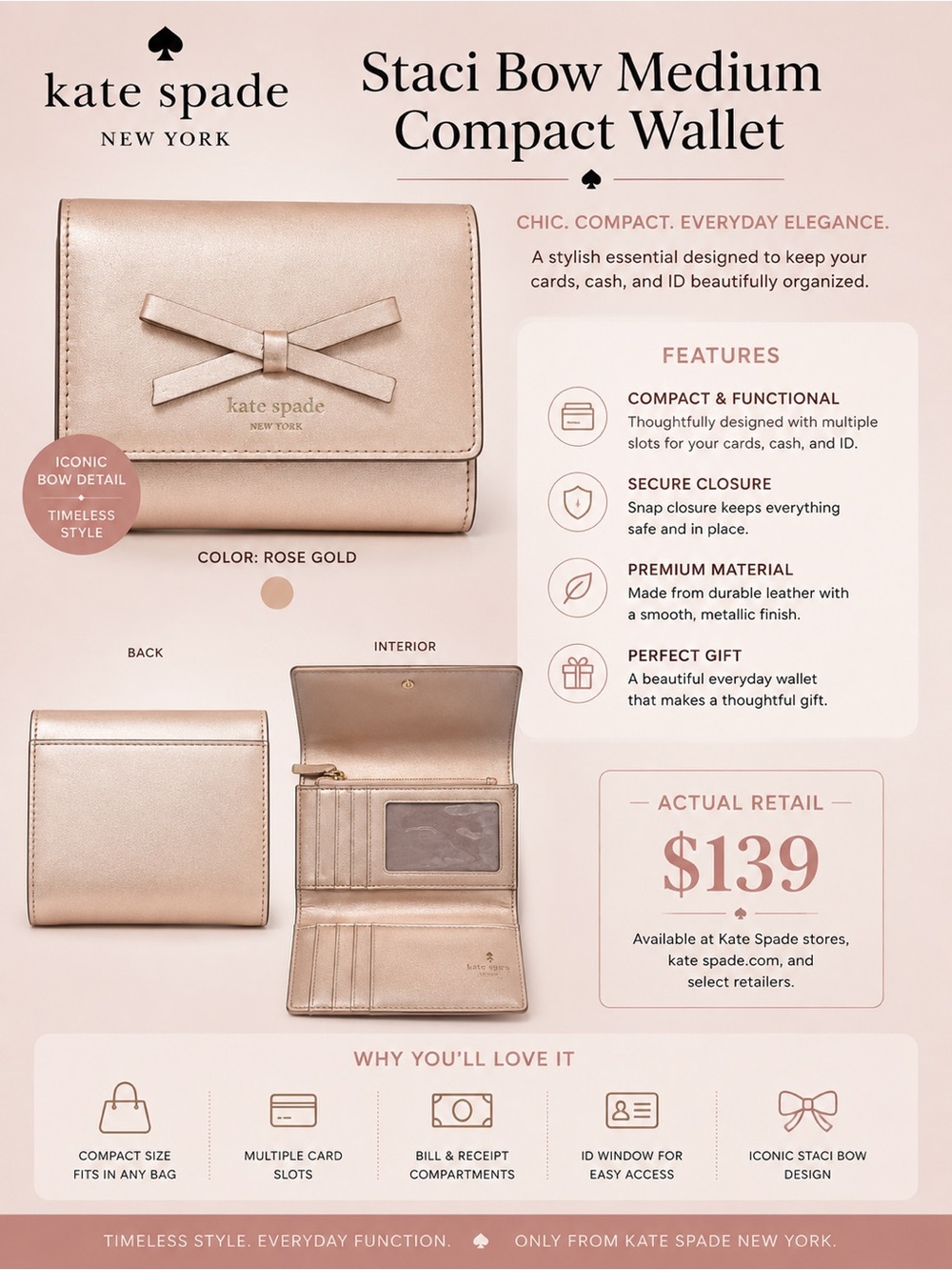 Kate Spade ♠️ Rose Gold Staci Bow Medium Compact Wallet EUC